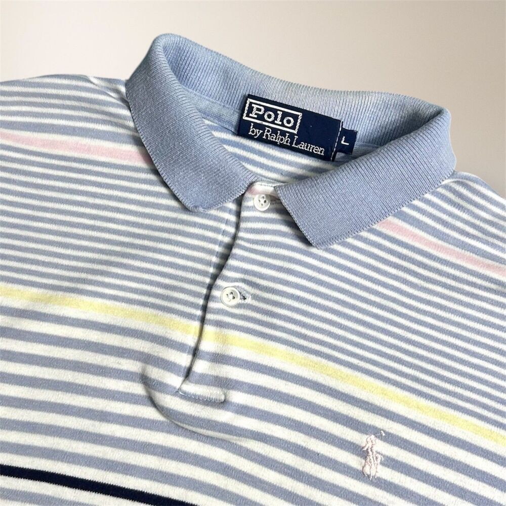 Polo Ralph Lauren Men’s L Lavender Pink‎ Yellow Striped Cotton Short Sleeve Polo